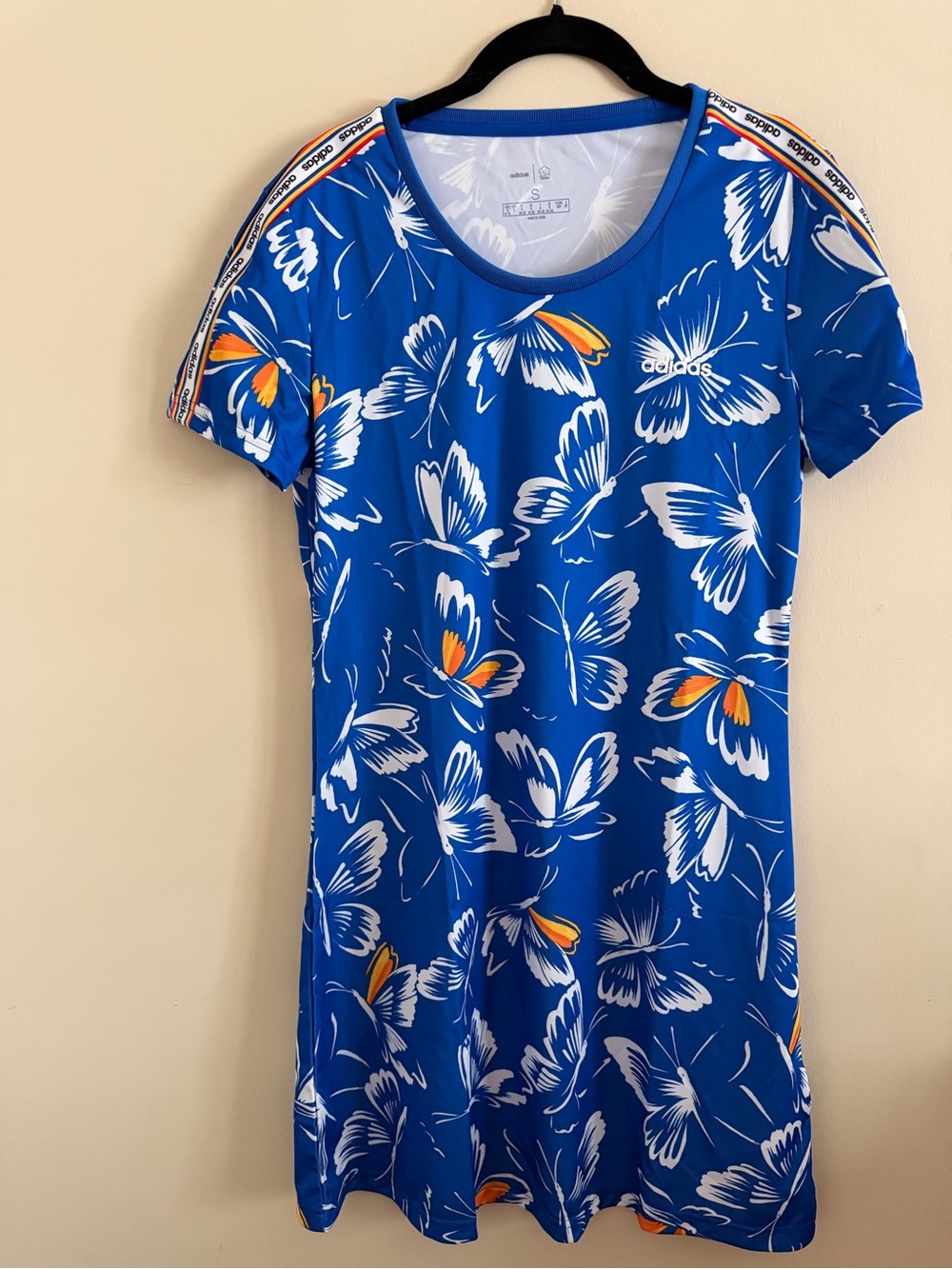 New! Adidas x FARM Rio Blue Floral Butterfly Mini Dress with Orange Accents